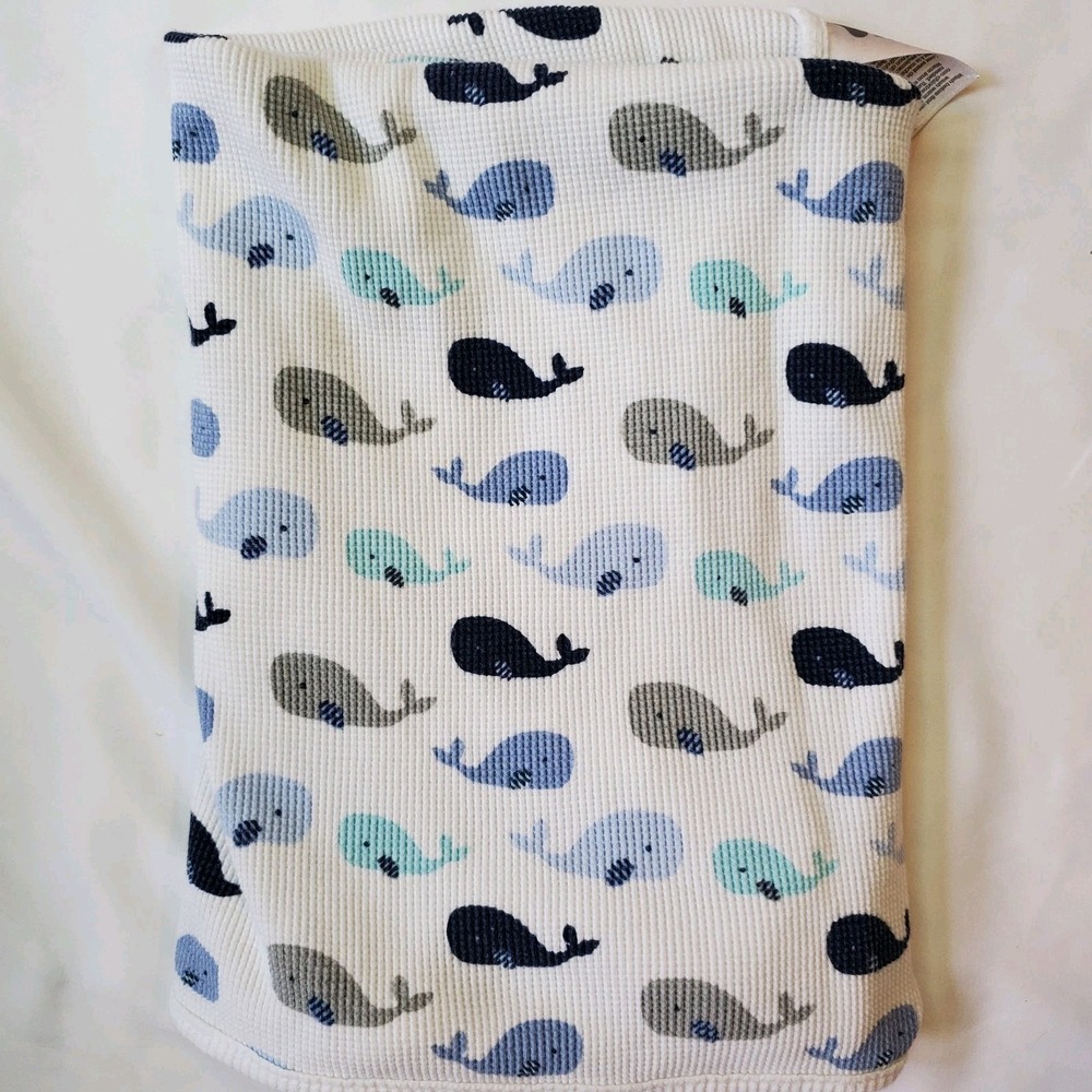 Just Born Blue Baby Blanket Puppy Whales Thermal Waffle Weave‎ Swaddle